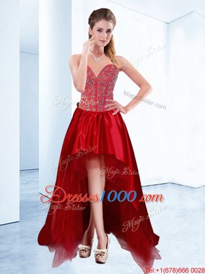 Dynamic Wine Red A-line Beading Cocktail Dresses Lace Up Satin Sleeveless High Low