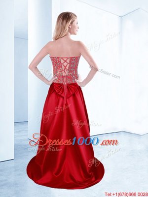Dynamic Wine Red A-line Beading Cocktail Dresses Lace Up Satin Sleeveless High Low