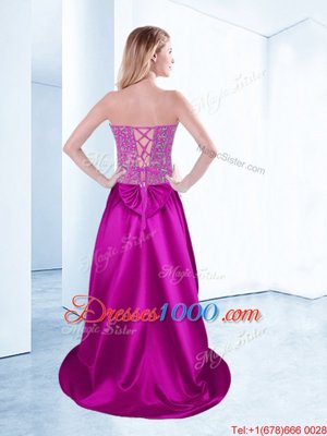 Fuchsia Satin Lace Up Sweetheart Sleeveless High Low High School Pageant Dress Beading