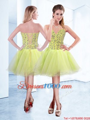 Yellow Green Sleeveless Knee Length Beading Lace Up Cocktail Dress