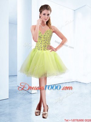 Yellow Green Sleeveless Knee Length Beading Lace Up Cocktail Dress