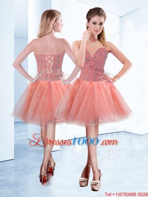 Exquisite Peach A-line Beading Cocktail Dresses Lace Up Tulle Sleeveless Mini Length