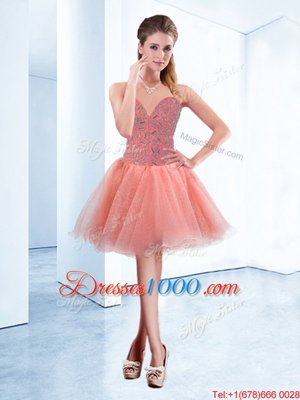 Exquisite Peach A-line Beading Cocktail Dresses Lace Up Tulle Sleeveless Mini Length