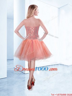 Exquisite Peach A-line Beading Cocktail Dresses Lace Up Tulle Sleeveless Mini Length