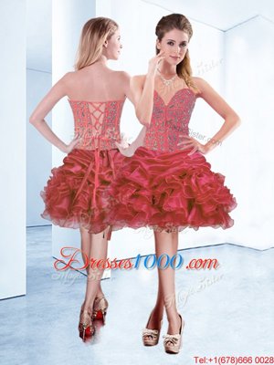 Sophisticated Coral Red Sleeveless Beading and Ruffles and Pick Ups Mini Length Pageant Dress Womens
