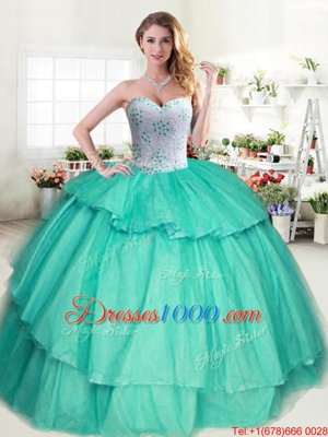 Beading and Ruffled Layers Quinceanera Gown Apple Green Lace Up Sleeveless Floor Length