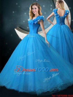 Blue Lace Up Quinceanera Dresses Appliques Cap Sleeves Floor Length