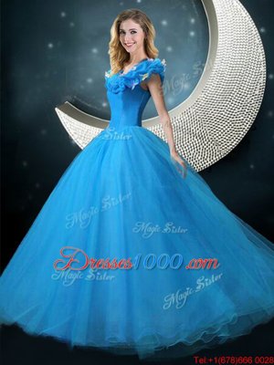 Blue Lace Up Quinceanera Dresses Appliques Cap Sleeves Floor Length
