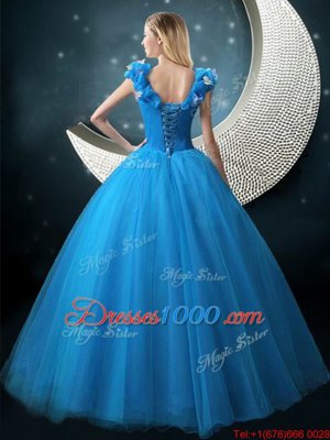 Blue Lace Up Quinceanera Dresses Appliques Cap Sleeves Floor Length