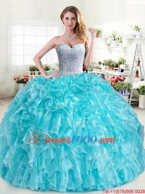 Beauteous Aqua Blue Sleeveless Organza Lace Up 15th Birthday Dress for Military Ball and Sweet 16 and Quinceanera