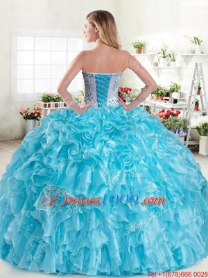 Beauteous Aqua Blue Sleeveless Organza Lace Up 15th Birthday Dress for Military Ball and Sweet 16 and Quinceanera
