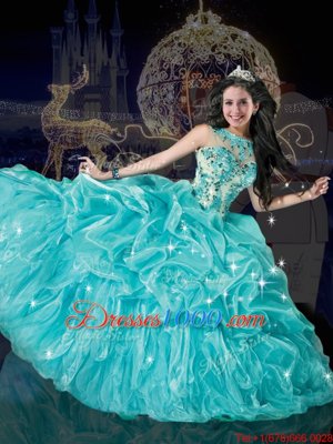 New Arrival Aqua Blue Ball Gowns Organza Bateau Sleeveless Beading and Appliques and Pick Ups Floor Length Lace Up Quinceanera Gowns