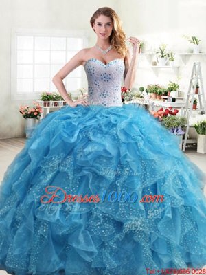 Baby Blue Sleeveless Floor Length Beading and Ruffles Lace Up Sweet 16 Dresses