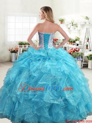 Baby Blue Sleeveless Floor Length Beading and Ruffles Lace Up Sweet 16 Dresses