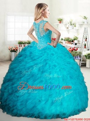 Custom Made Straps Straps Floor Length Aqua Blue Sweet 16 Dresses Tulle Sleeveless Beading and Ruffles