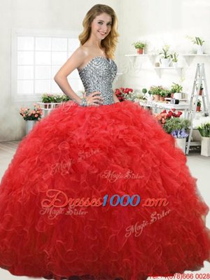 Simple Red Sleeveless Tulle Lace Up Ball Gown Prom Dress for Military Ball and Sweet 16 and Quinceanera
