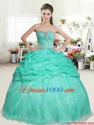 Floor Length Lace Up Vestidos de Quinceanera Apple Green and In for Military Ball and Sweet 16 and Quinceanera with Beading and Pick Ups