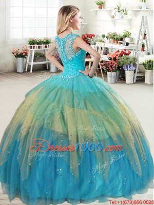 Fancy Multi-color Straps Neckline Beading and Ruffled Layers Quince Ball Gowns Sleeveless Zipper