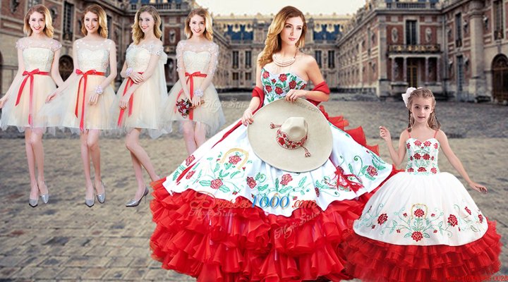 Popular White And Red Quinceanera Gown Military Ball and Sweet 16 and Quinceanera and For with Embroidery Sweetheart Sleeveless Lace Up