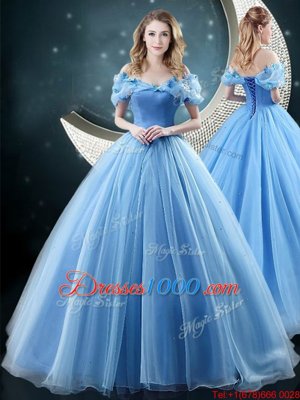 Free and Easy Brush Train Ball Gowns Quinceanera Dress Baby Blue Off The Shoulder Organza Sleeveless With Train Lace Up