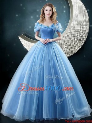 Free and Easy Brush Train Ball Gowns Quinceanera Dress Baby Blue Off The Shoulder Organza Sleeveless With Train Lace Up