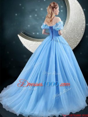 Free and Easy Brush Train Ball Gowns Quinceanera Dress Baby Blue Off The Shoulder Organza Sleeveless With Train Lace Up