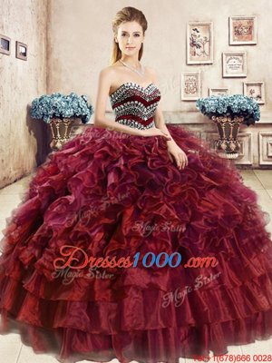 Stunning Wine Red Sleeveless Beading and Ruffles Floor Length 15th Birthday Dress