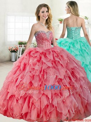 Custom Designed Watermelon Red and Coral Red Sweetheart Neckline Beading 15th Birthday Dress Sleeveless Lace Up