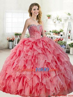 Custom Designed Watermelon Red and Coral Red Sweetheart Neckline Beading 15th Birthday Dress Sleeveless Lace Up