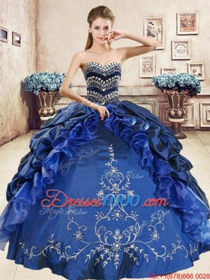 Wonderful Sleeveless Floor Length Beading and Embroidery and Pick Ups Lace Up 15th Birthday Dress with Navy Blue