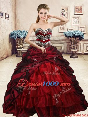 Wine Red Ball Gowns Sweetheart Sleeveless Organza and Taffeta Floor Length Lace Up Beading and Appliques and Ruffled Layers and Pick Ups Quinceanera Gown