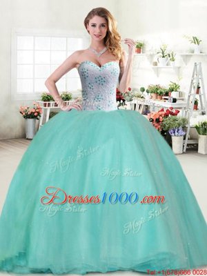Super Apple Green Tulle Lace Up Sweet 16 Dress Sleeveless Floor Length Beading