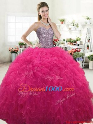 Wonderful Floor Length Lace Up Ball Gown Prom Dress Hot Pink and In for Military Ball and Sweet 16 and Quinceanera with Beading and Ruffles