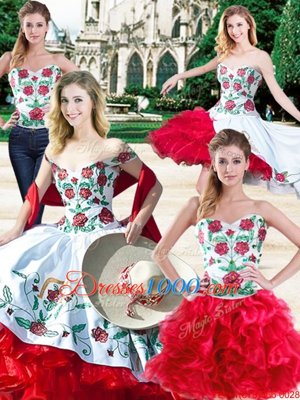 Graceful Four Piece Floor Length Ball Gowns Sleeveless White And Red Ball Gown Prom Dress Lace Up
