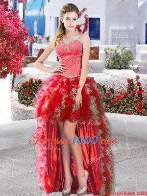 Red Organza Lace Up Sweetheart Sleeveless High Low Pageant Gowns Beading and Ruffles