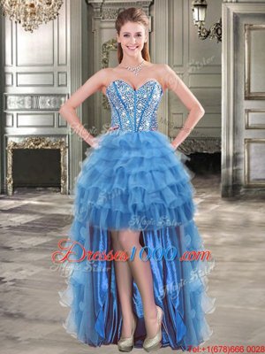 Shining Blue A-line Organza Sweetheart Sleeveless Beading and Ruffled Layers High Low Lace Up Winning Pageant Gowns