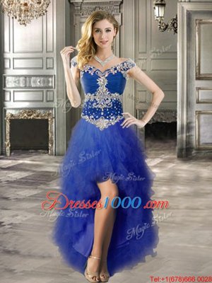Glamorous Off the Shoulder Cap Sleeves High Low Beading and Ruffles Lace Up Cocktail Dresses with Royal Blue