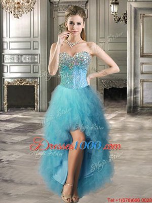Teal Tulle Lace Up Sweetheart Sleeveless High Low Cocktail Dress Beading and Ruffles