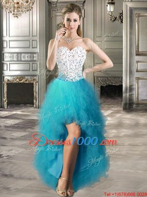 A-line Cocktail Dresses Teal Sweetheart Tulle Sleeveless High Low Lace Up