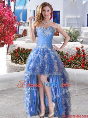 Noble Appliques and Ruffles Custom Made Blue Lace Up Sleeveless High Low