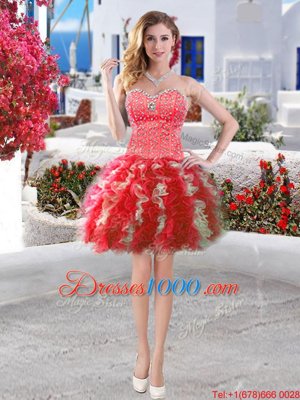 Flirting Mini Length Red Party Dress for Toddlers Organza Sleeveless Beading and Ruffles