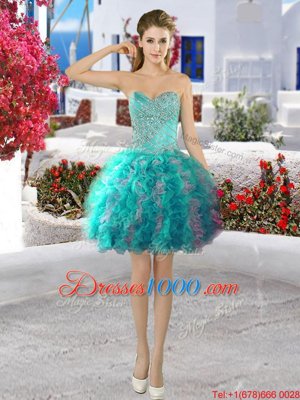 Discount Turquoise Organza Lace Up Sweetheart Sleeveless Mini Length Custom Made Beading and Ruffles