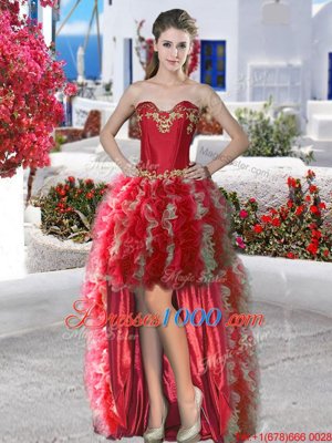 High Low Red High School Pageant Dress Organza Sleeveless Appliques and Ruffles
