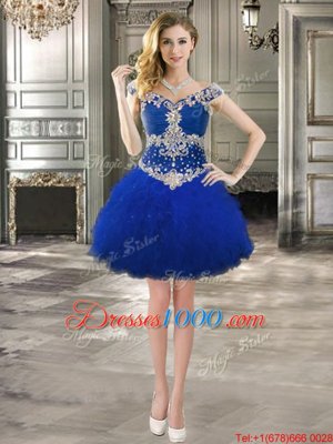 Inexpensive Off the Shoulder Mini Length Ball Gowns Cap Sleeves Royal Blue Prom Evening Gown Lace Up