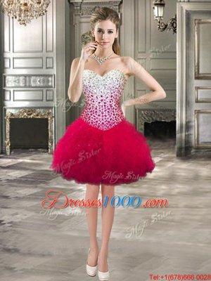 Modern Hot Pink Sleeveless Beading and Ruffles Mini Length High School Pageant Dress