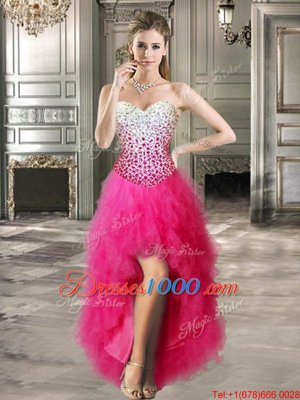 Decent Hot Pink Sweetheart Neckline Beading and Ruffles Teens Party Dress Sleeveless Lace Up