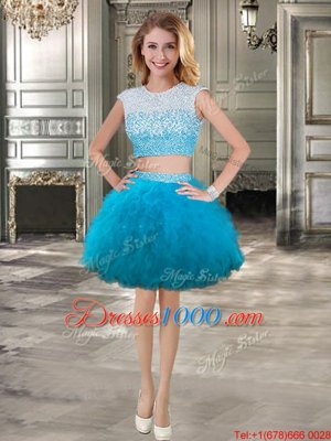 Beauteous Scoop Teal Tulle Lace Up Homecoming Party Dress Cap Sleeves Mini Length Beading and Ruffles