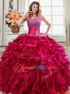 Cute One Shoulder Fuchsia Lace Up 15th Birthday Dress Beading and Ruffles Sleeveless Floor Length