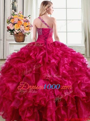 Cute One Shoulder Fuchsia Lace Up 15th Birthday Dress Beading and Ruffles Sleeveless Floor Length