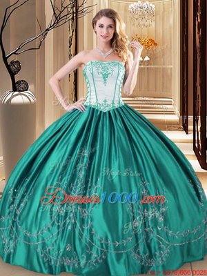 Custom Fit Turquoise Taffeta Lace Up Sweet 16 Dresses Sleeveless Floor Length Embroidery